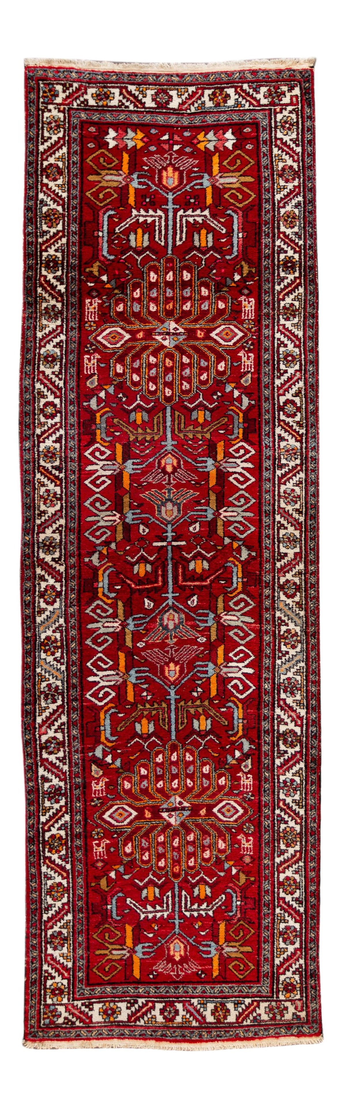 Vintage Persian Heriz Wool Rug 3'4 x 10'9 Floral Design Red: Vintage Persian Heriz Wool Rug 3'4 x 10'9 Floral Design Red This stunning Vintage Persian Heriz Rug features an intricate floral design, showcasing a vibrant red color that adds warmth and character t