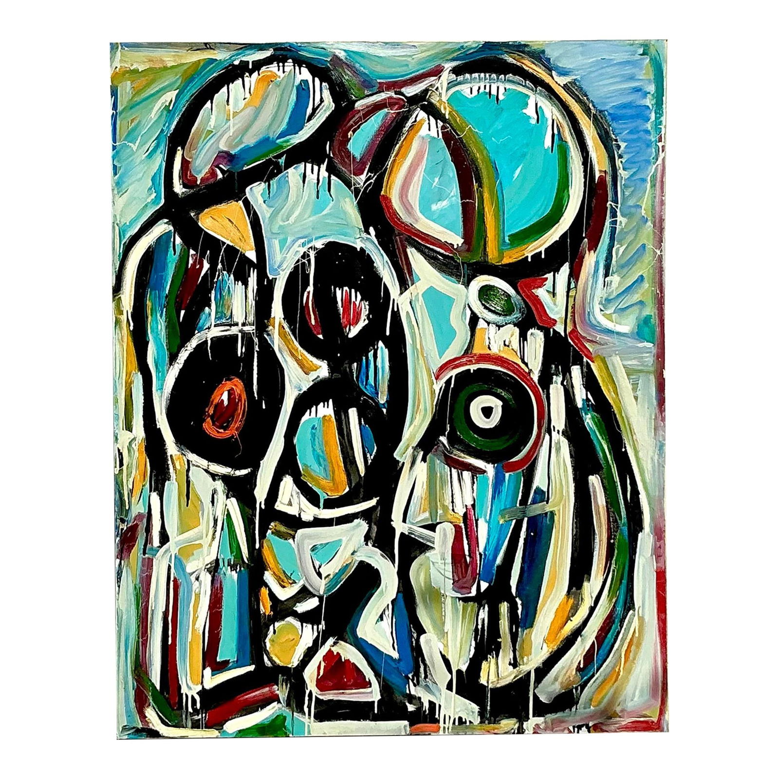 Monumental 1988 Vintage Boho Abstract Oil on Canvas Art: Monumental 1988 Vintage Boho Abstract Oil on Canvas Art This monumental 1988 abstract oil on canvas radiates bold Boho energy with its dynamic composition and vibrant turquoise color palette. An excep