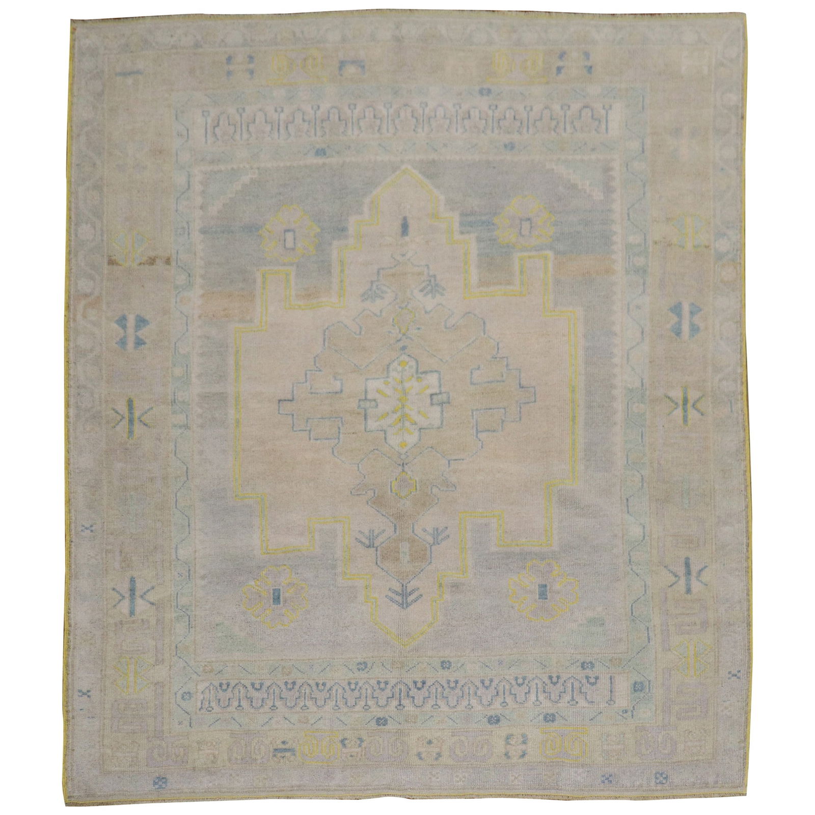 Unique Vintage Turkish Oushak Rug Hand-Knotted Wool Futurist Style: Unique Vintage Turkish Oushak Rug Hand-Knotted Wool Futurist Style Discover a unique piece of art for your floor with this Square Vintage Turkish Oushak Rug. This one-of-a-kind hand-knotted rug featur