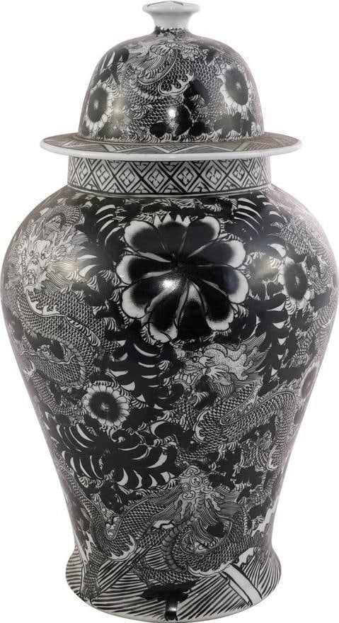Handmade Black Ceramic Temple Jar Chinoiserie Style with Dragon Floral Motif (1 of 1)