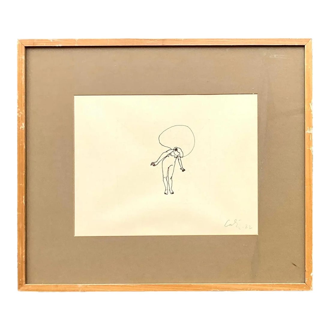 Vintage Figurative Line Drawing Signed '82 in Tan Frame: Vintage Figurative Line Drawing Signed '82 in Tan Frame Explore the serene beauty of minimalism with this vintage figurative line drawing, showcasing the human form through a confident single-line tec