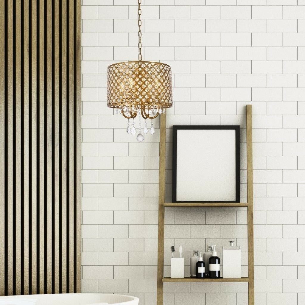 Elise 4-Light Crystal Pendant Chandelier in Brass 14 inch: Elise 4-Light Crystal Pendant Chandelier in Brass 14 inch Enhance your living space with this elegant Crystal Pendant Chandelier in a stylish brass finish. Designed for modern interiors, this fixture