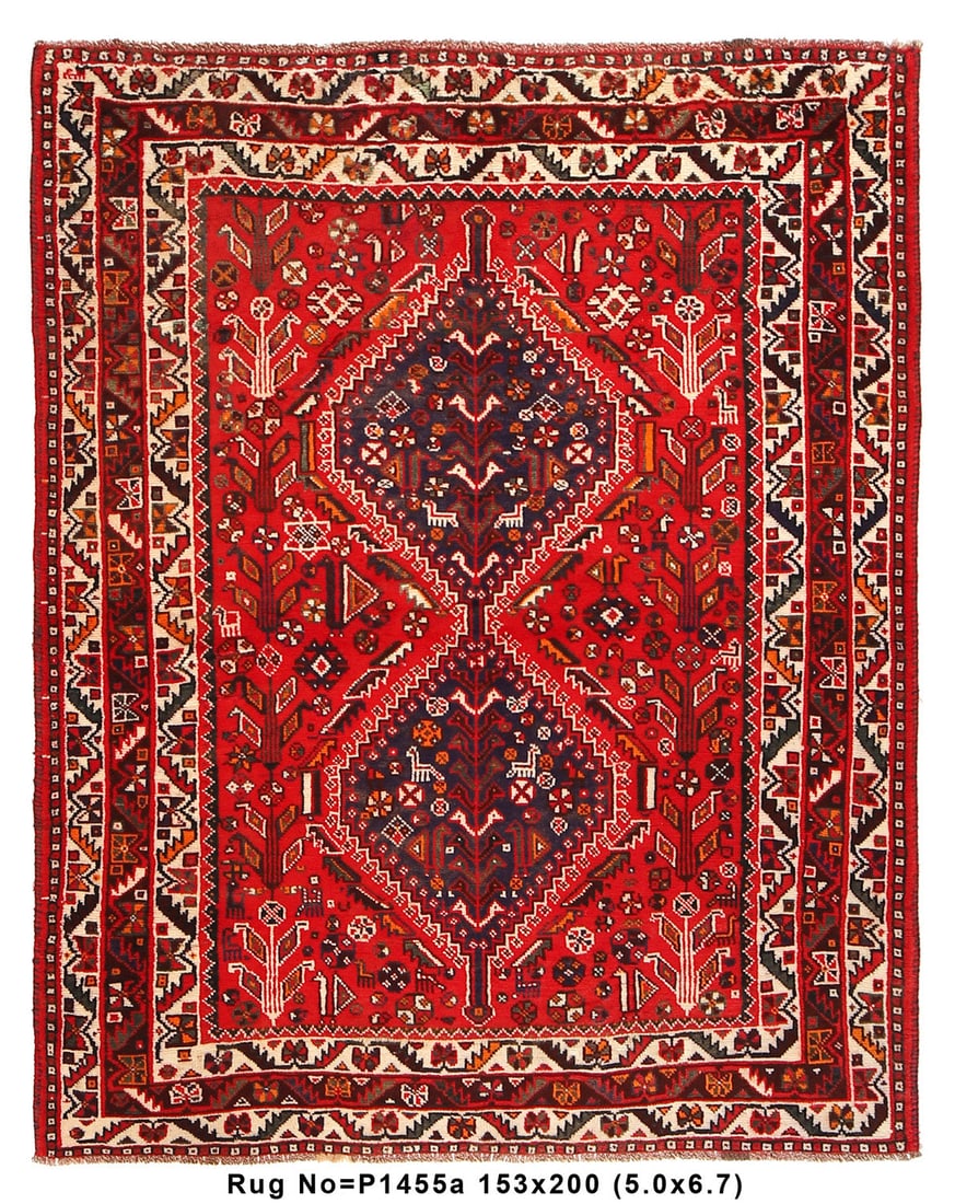 5' x 7' Hand-Knotted Persian Shiraz Area Rug from Iran: 5' x 7' Hand-Knotted Persian Shiraz Area Rug from Iran Free continental US Shipping Enhance your living space with this stunning Persian Shiraz rug, measuring 5' x 6.7'. Renowned for its vibrant color