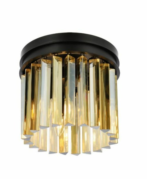 Sydney 3-Light Flush Mount Chandelier Matte Black with Golden Teak Crystals: Sydney 3-Light Flush Mount Chandelier Matte Black with Golden Teak Crystals Enhance your space with this stunning Flush Mount Chandelier featuring elegant Golden Teak Crystals and a sleek Matte Black