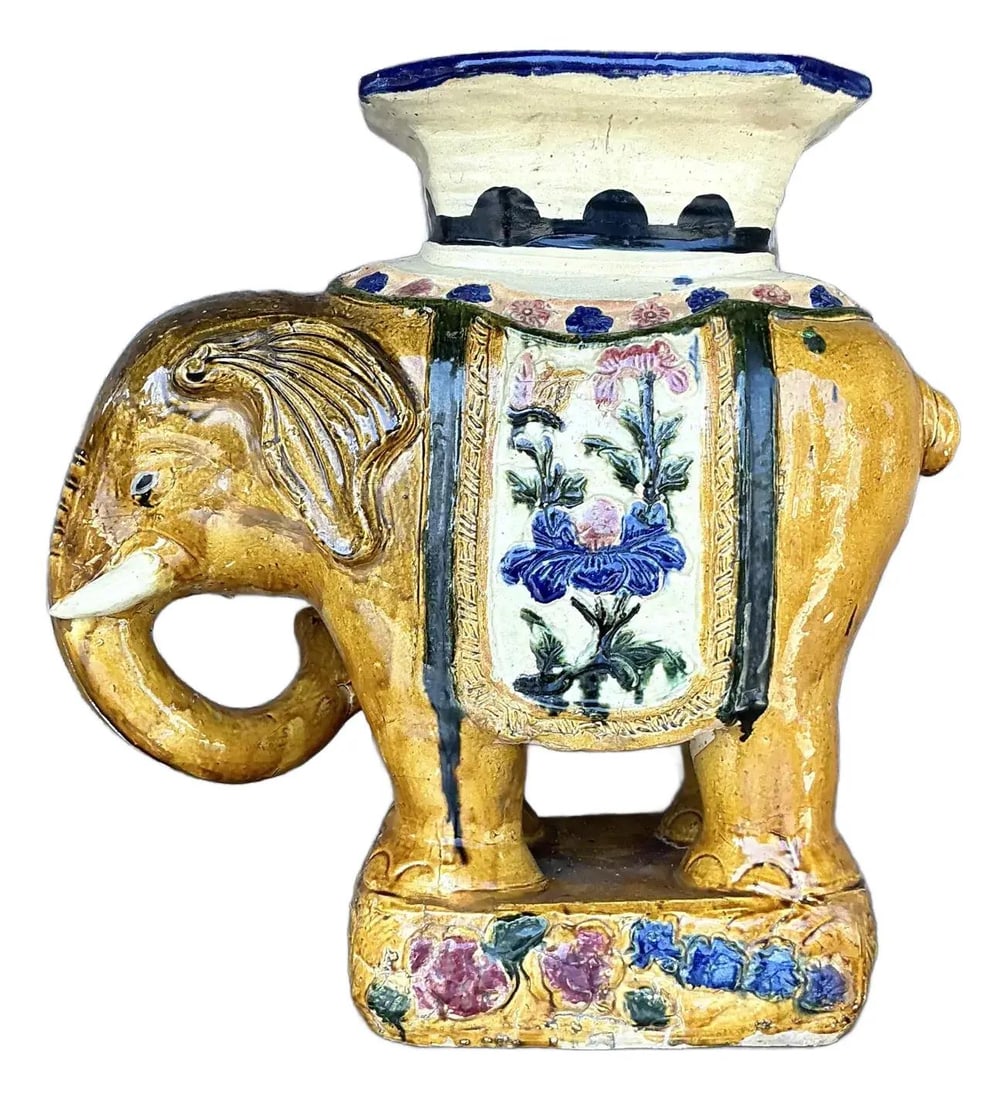 Vintage Ceramic Elephant Stool with Golden Glaze and Floral Motifs (1 of 10)
