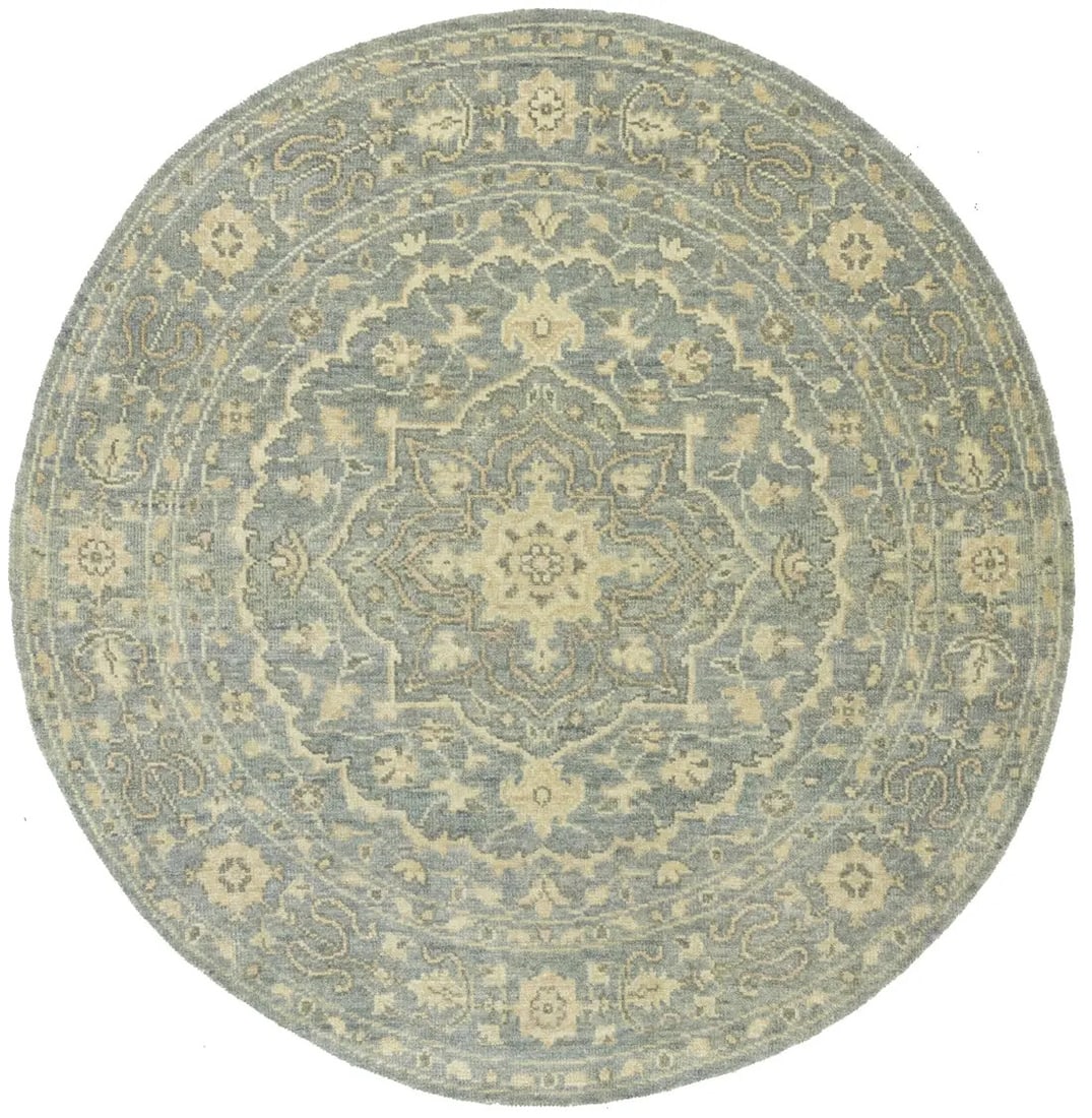 6ft Round Transitional Oriental Rug Floral Gray Wool Handmade: 6ft Round Transitional Oriental Rug Floral Gray Wool Handmade Enhance your home decor with this stunning 6X6 ft Transitional Round Oriental Rug, featuring a muted gray floral design. Crafted from high