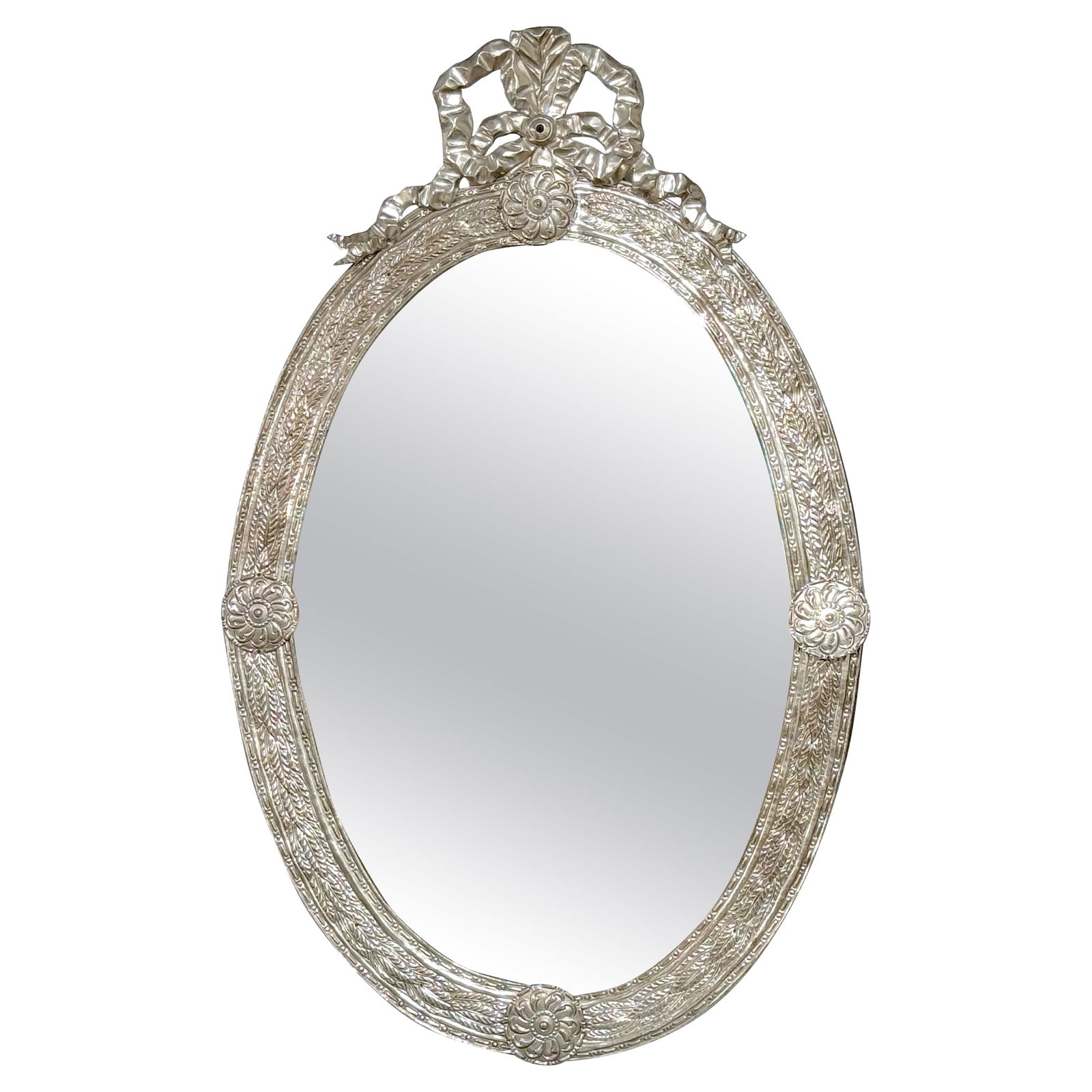19th Century Neoclassical Silver on Copper Ribbon Mirror 54 x 34: 19th Century Neoclassical Silver on Copper Ribbon Mirror 54 x 34 This stunning 19th-century Continental Neoclassical mirror is a perfect blend of artistry and functionality. Standing 54 inches high an