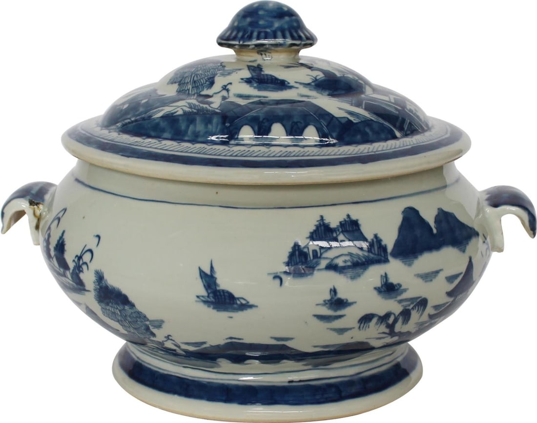 Handmade Chinoiserie Blue White Oval Fruit Jar 11H 15W 12D (1 of 1)