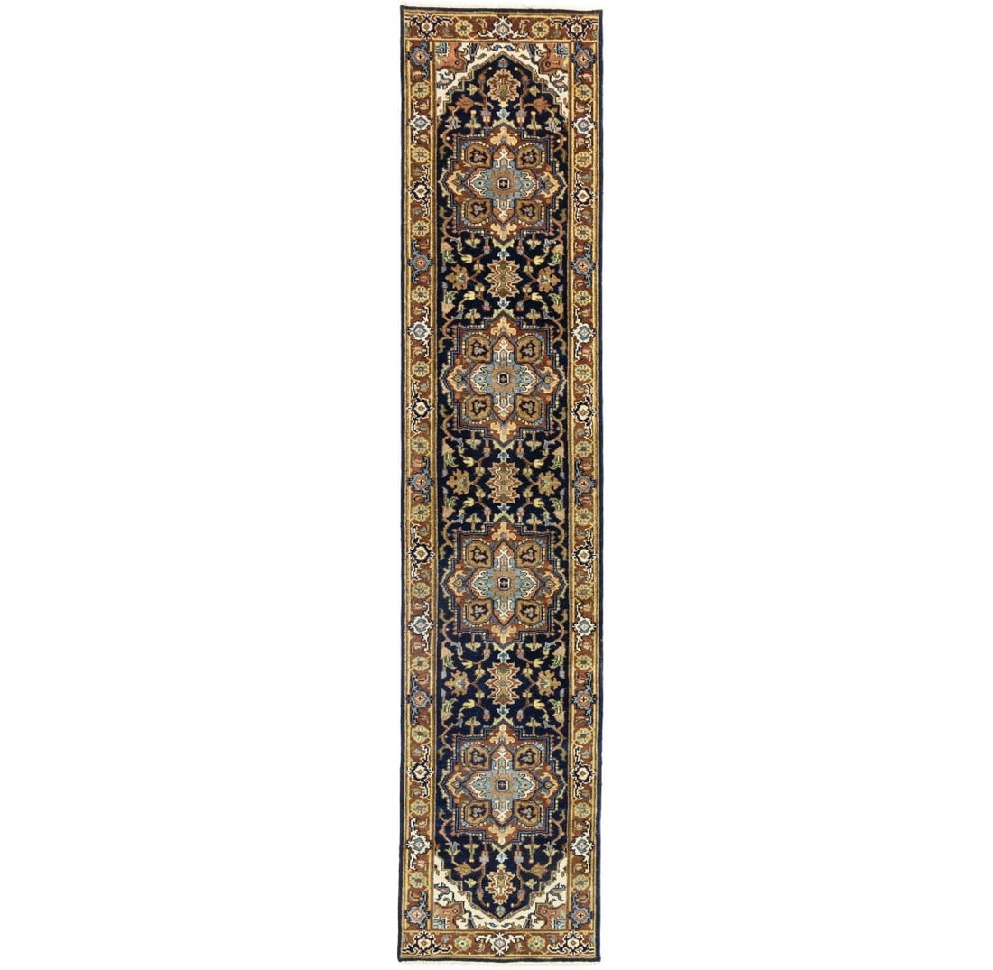 Hand-Knotted 3x12 ft Heriz Serapi Geometric Wool Runner Rug (1 of 18)