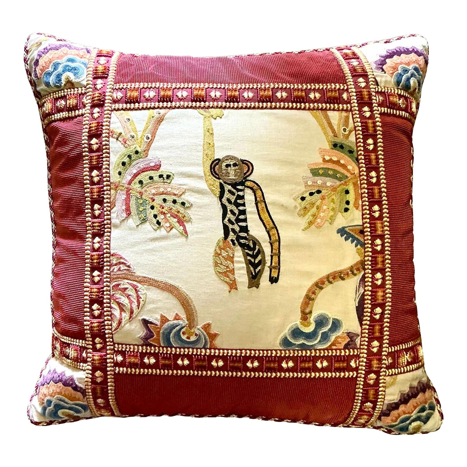 Vintage Boho Ruby Red Monkey Embroidered Pillow: Vintage Boho Ruby Red Monkey Embroidered Pillow Enhance your living space with this charming vintage boho embroidered pillow showcasing a playful monkey motif. Handcrafted with intricate details, the