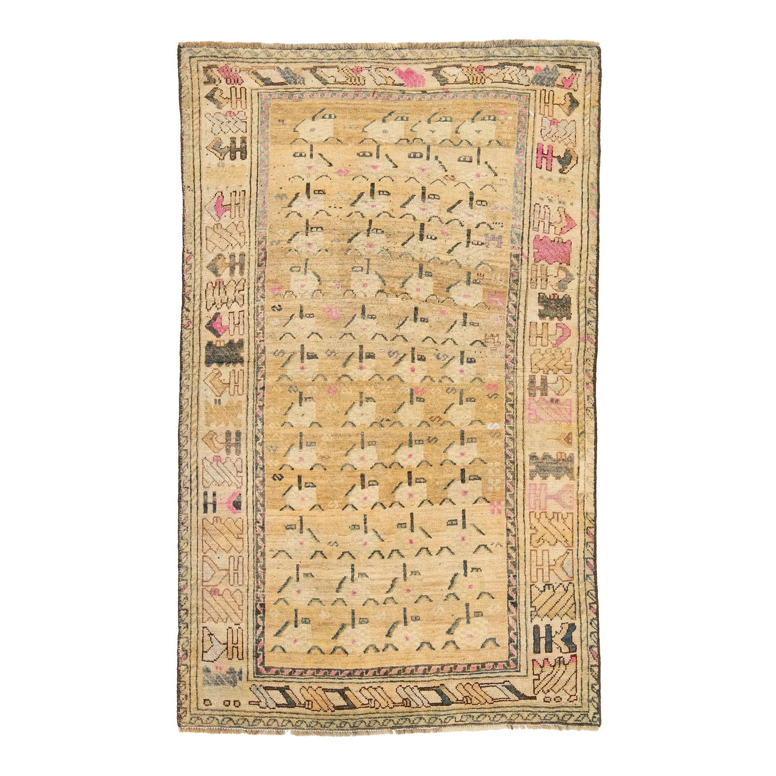 Vintage Persian Shiraz Beige Wool Rug with Pink Gray Accents 3'8 x 6': Vintage Persian Shiraz Beige Wool Rug with Pink Gray Accents 3'8 x 6' Enhance your living space with this exquisite Antique Persian Shiraz wool rug, showcasing a stunning beige tan field beautifully c
