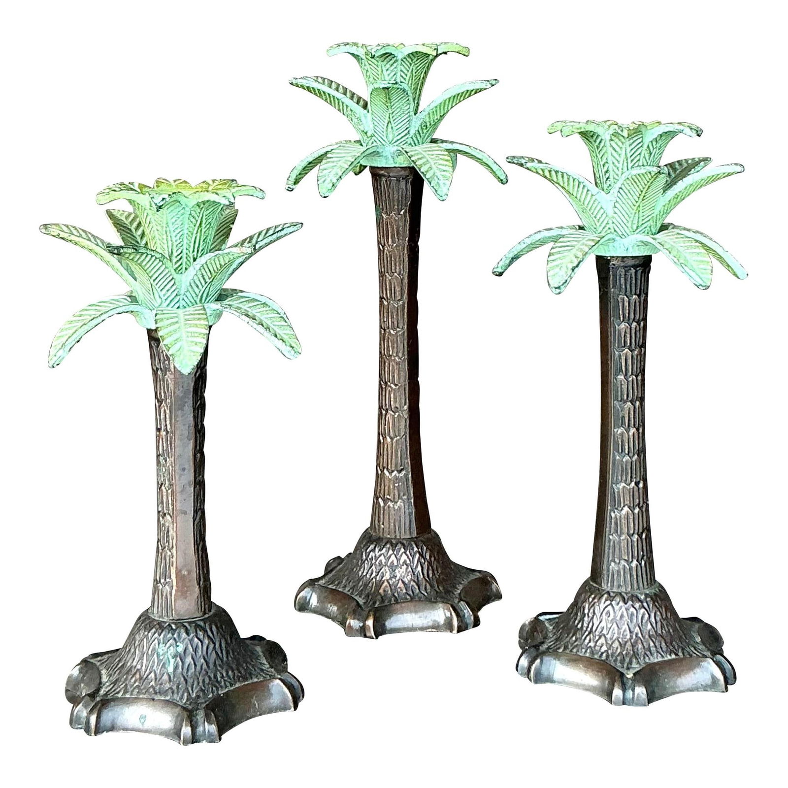 Vintage Patinated Palm Tree Candlesticks Set of 3 Tropical Decor (1 of 7)