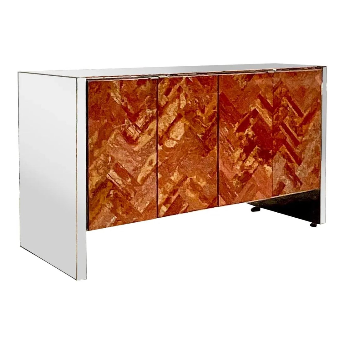 Vintage 80s Ello Chevron Travertine Chrome Credenza Palm Beach Estate: Vintage 80s Ello Chevron Travertine Chrome Credenza Palm Beach Estate Experience the charm of the 80s with this stunning Ello Chevron credenza. This vintage piece features a sleek polished chrome cabi