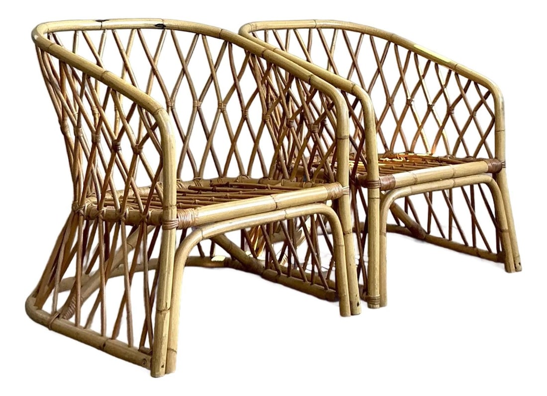 Pair of Vintage Coastal Rattan Lounge Chairs with Trellis Design (1 of 8)