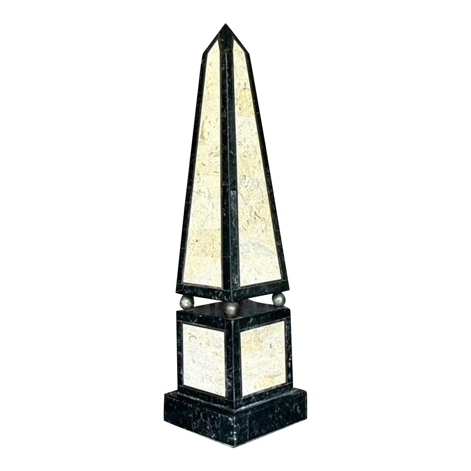 Vintage Boho Tessellated Stone Obelisks Pair 24.25in Black: Vintage Boho Tessellated Stone Obelisks Pair 24.25in Black This exquisite pair of vintage Boho tessellated stone obelisks features intricate craftsmanship that embodies earthy elegance. Perfect for ad