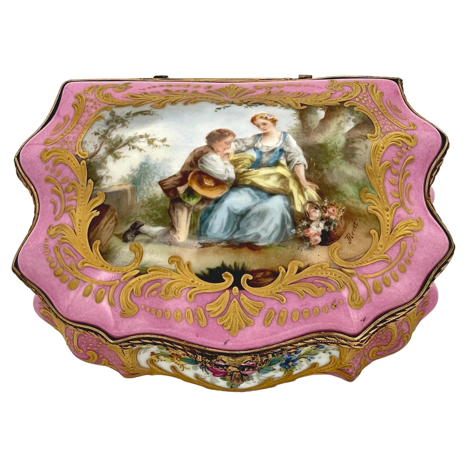 Sevres Style Pink Bombe Table Box with Watteau Motif by J. Perrot: Sevres Style Pink Bombe Table Box with Watteau Motif by J. Perrot This exquisite Sevres-style pink bombe table box, dating back to the late 19th century, showcases the opulence and fine craftsmanship