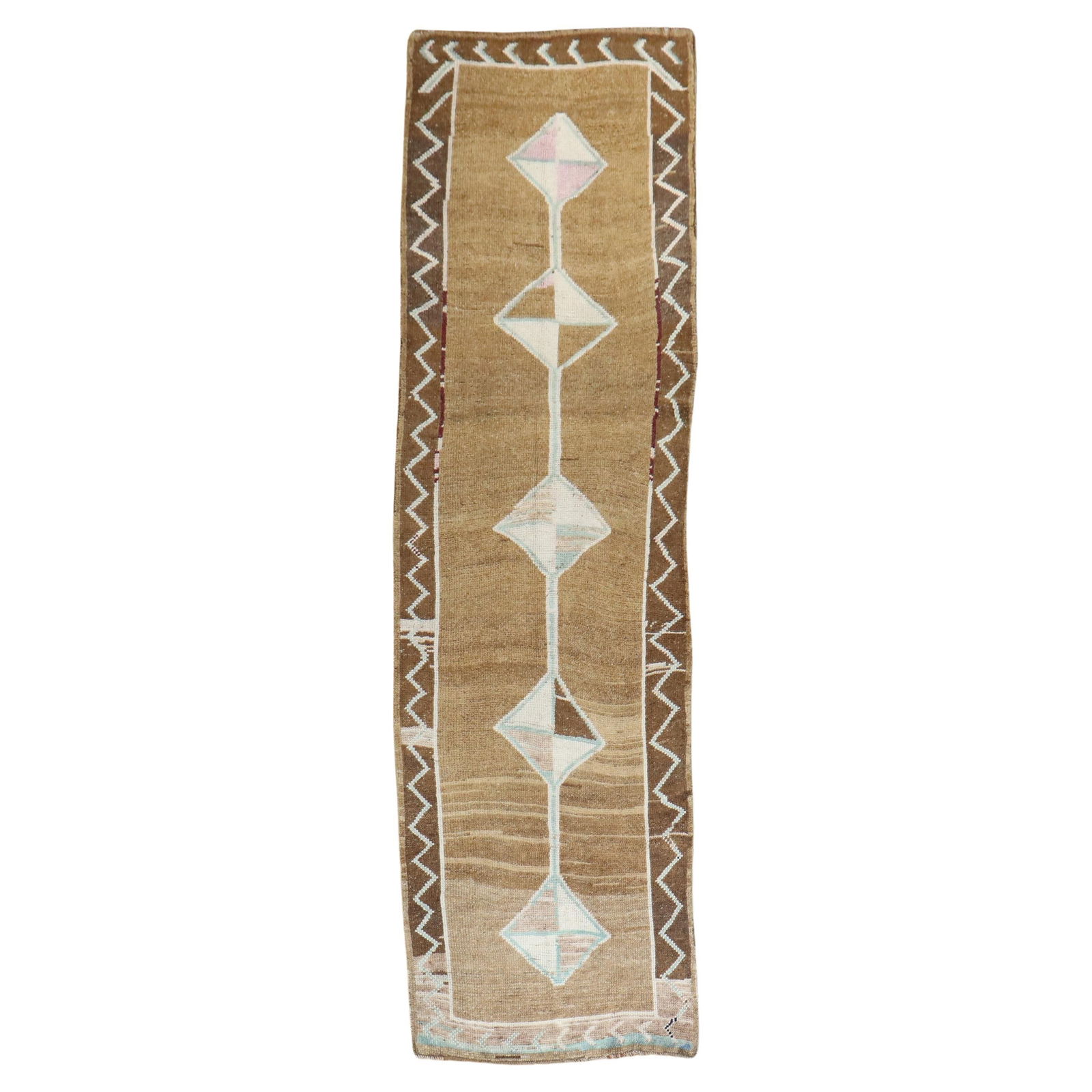 Mid-20th Century Tribal Turkish Runner 40x138 Hand-Knotted Wool: Mid-20th Century Tribal Turkish Runner 40x138 Hand-Knotted Wool Introducing the stunning Zabihi Collection Tribal Turkish Runner, a captivating piece that showcases traditional craftsmanship. This han