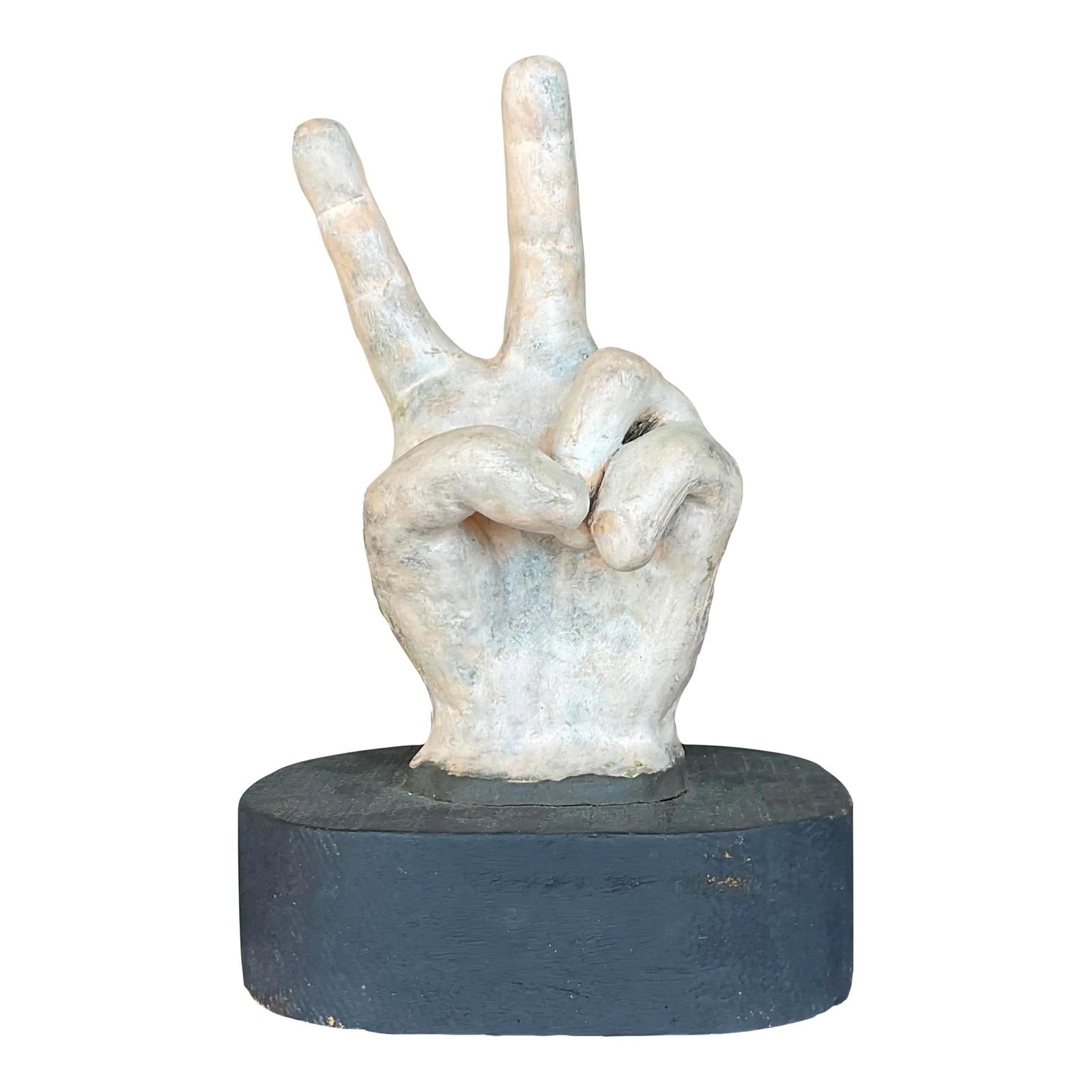 Vintage Boho Peace Sign Hand Ceramic Sculpture on Wood Plinth: Vintage Boho Peace Sign Hand Ceramic Sculpture on Wood Plinth This stunning vintage Boho sculpture features a chic hand design forming the iconic peace sign. Crafted from matted glazed ceramic, it res