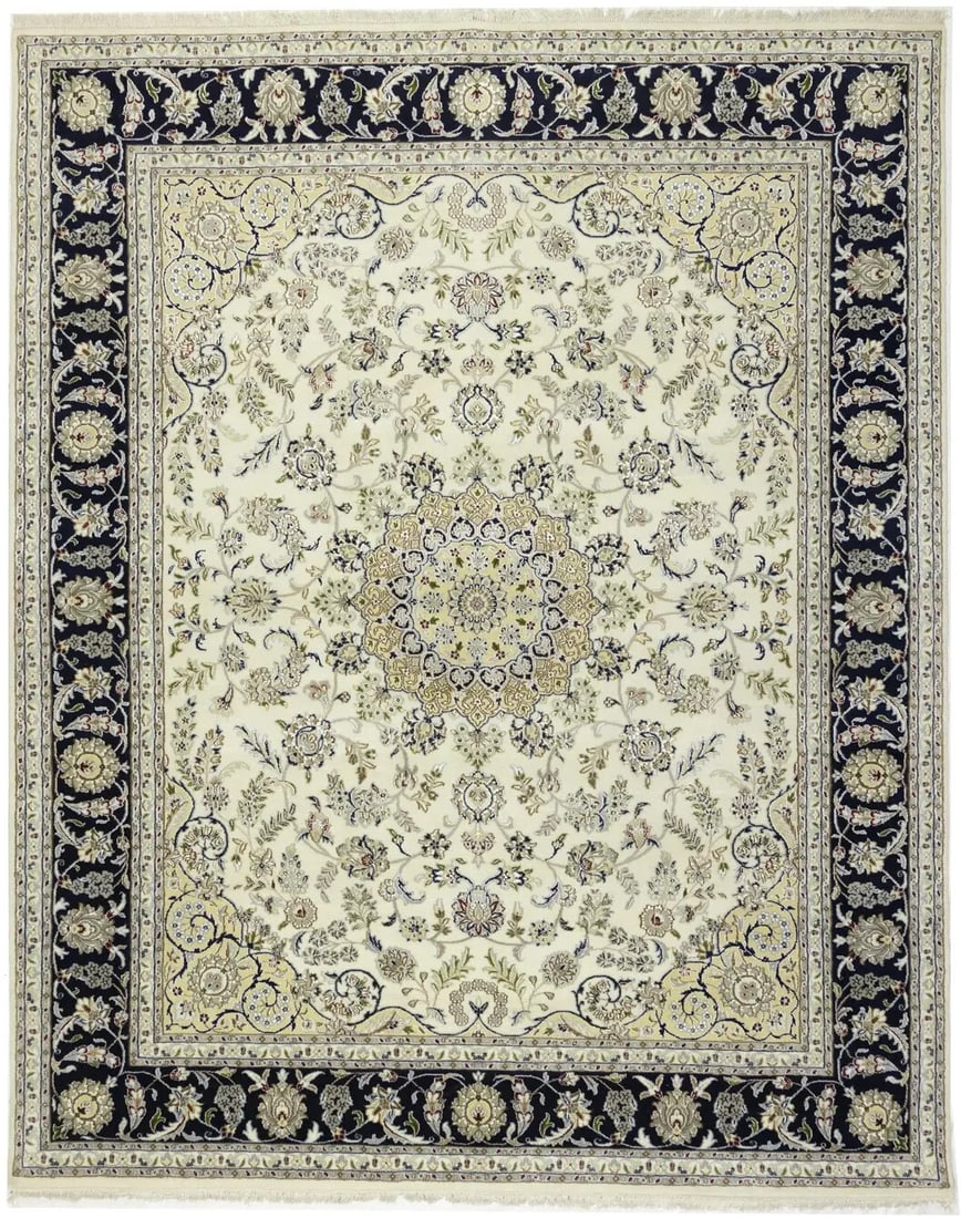 8X10 ft Indo-Nain Floral Medallion Hand-Knotted Wool Rug: 8X10 ft Indo-Nain Floral Medallion Hand-Knotted Wool Rug Enhance your living space with this stunning 8'1 x 10'1 area rug featuring a medallion floral design. Crafted from high-quality wool, this hand