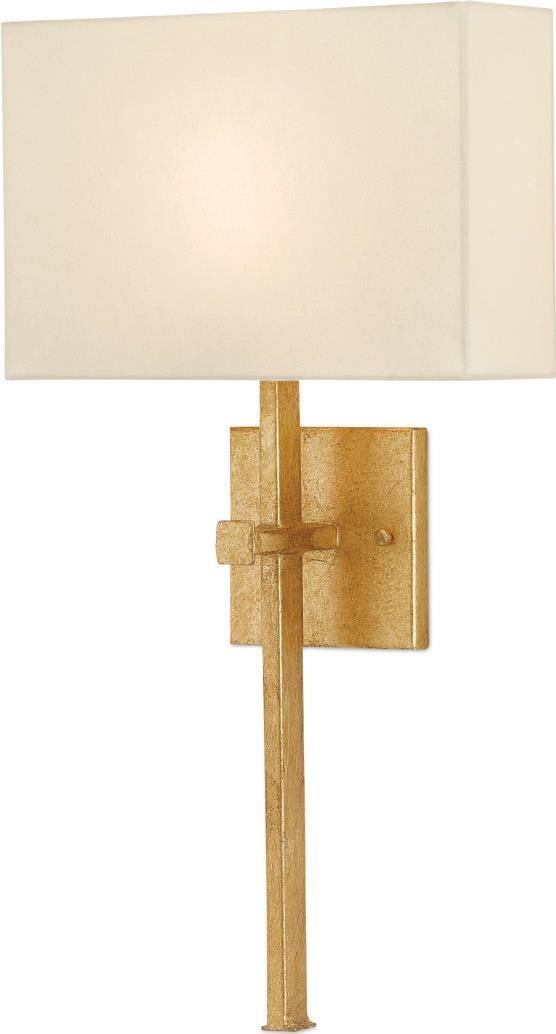 Currey Ashdown Wall Sconce Gold Leaf Champagne Silk Shade: Currey Ashdown Wall Sconce Gold Leaf Champagne Silk Shade Illuminate your space with the Ashdown Sconce, featuring a stunning champagne silk shade that beautifully complements its antique gold leaf fi