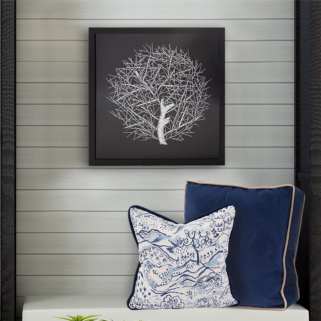 Howard Elliott Silver Tree Wall Art Abstract 23.75" Square: Howard Elliott Silver Tree Wall Art Abstract 23.75" Square Enhance your decor with this stunning hand-finished silver tree art piece, elegantly displayed in a shadowbox frame. This abstract-style wall