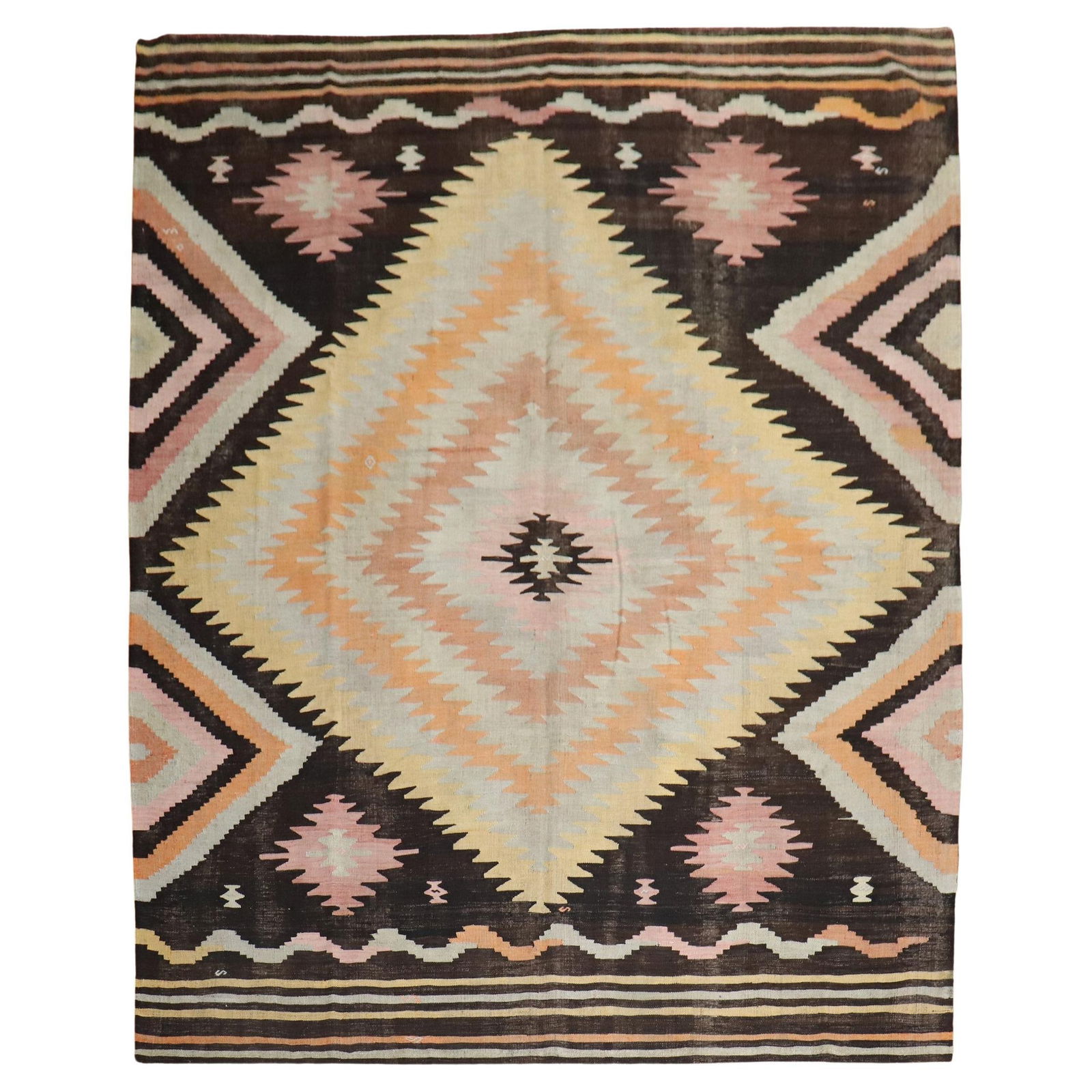 Mid-20th Century Turkish Antique Kilim Wool Hand-Woven 9' x 11'2'': Mid-20th Century Turkish Antique Kilim Wool Hand-Woven 9' x 11'2'' This exquisite Turkish Room Size Antique Kilim showcases traditional craftsmanship from the mid-20th century. Hand-woven from high-qu
