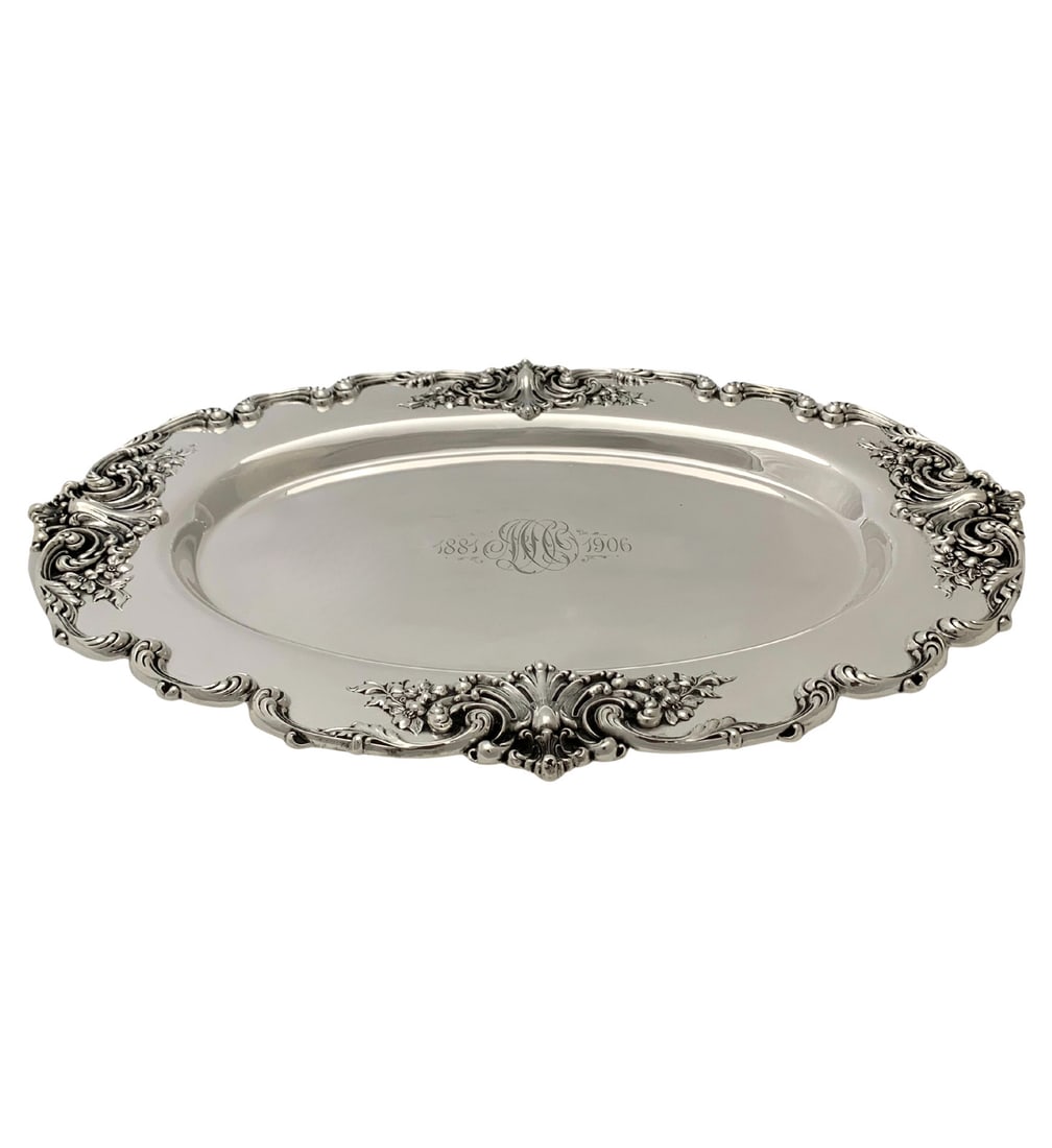 Antique American 925 Sterling Silver Handmade Foliate Scroll Platter 18.5x13 (1 of 4)