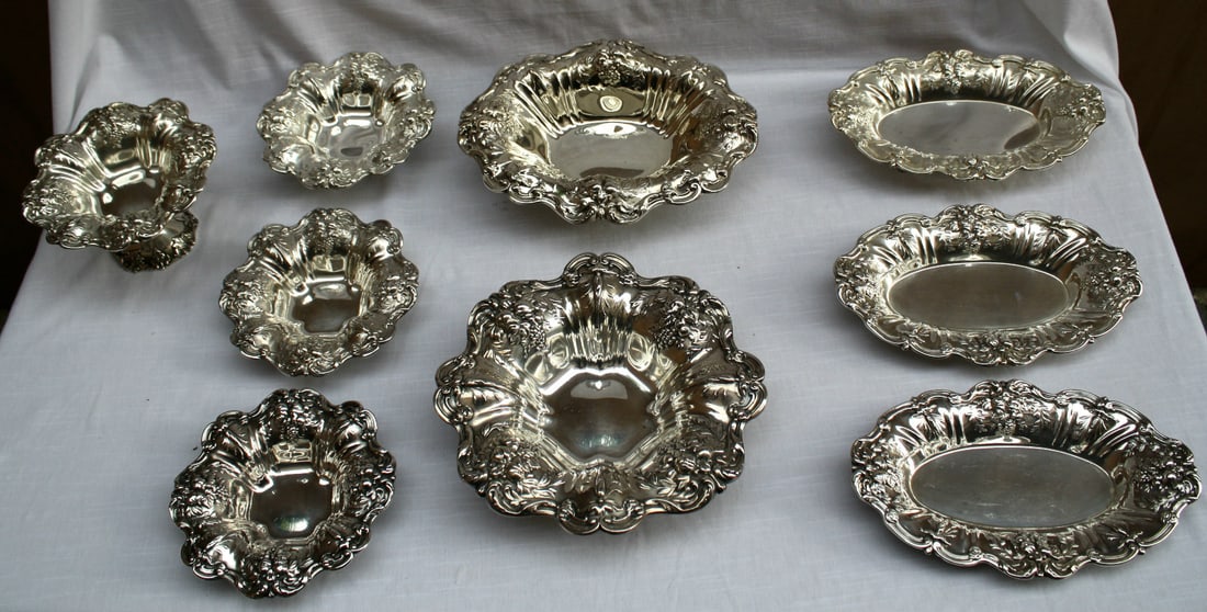 9 Piece Francis I Sterling Silver Centerpieces by Reed & Barton: 9 Piece Francis I Sterling Silver Centerpieces by Reed & Barton Presenting a stunning 9-piece collection of Francis I sterling silver centerpieces crafted by Reed & Barton, dating from 1900 to 1940. T