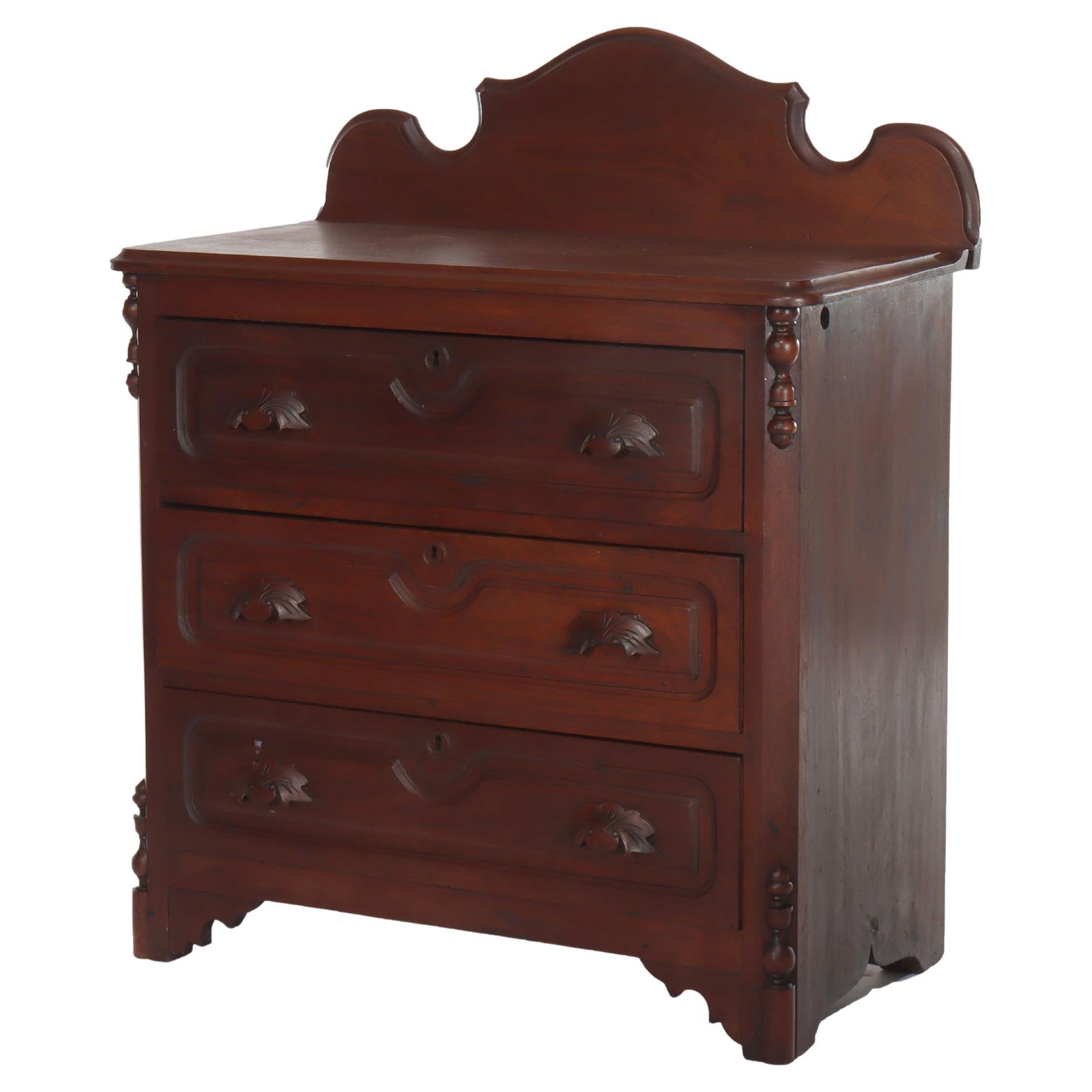 Antique Rococo Walnut 3-Drawer Commode c1890 with Carved Pulls: Antique Rococo Walnut 3-Drawer Commode c1890 with Carved Pulls Discover this exquisite Antique Rococo Walnut 3-Drawer Commode, crafted circa 1890. This stunning piece showcases a rich walnut construct