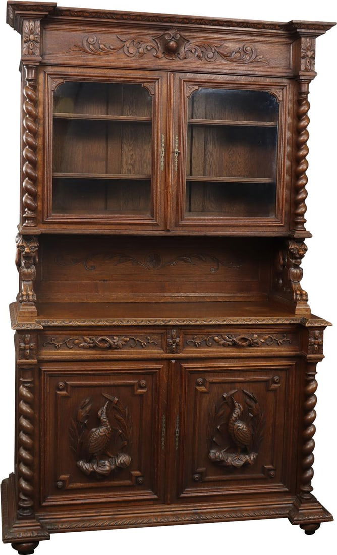 Antique French Country Oak Buffet 1890 with Original Glass: Antique French Country Oak Buffet 1890 with Original Glass This intricately carved antique French buffet showcases exquisite craftsmanship from the 1890s, embodying the charm of French Country style.