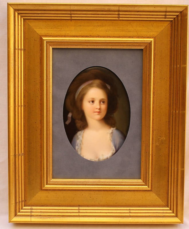 19th Century KPM Porcelain Tile by Artist Wagner: 19th Century KPM Porcelain Tile by Artist Wagner This exquisite 19th century German KPM porcelain tile features a beautifully painted portrait of a charming girl, titled "The Innocent Girl". Created b