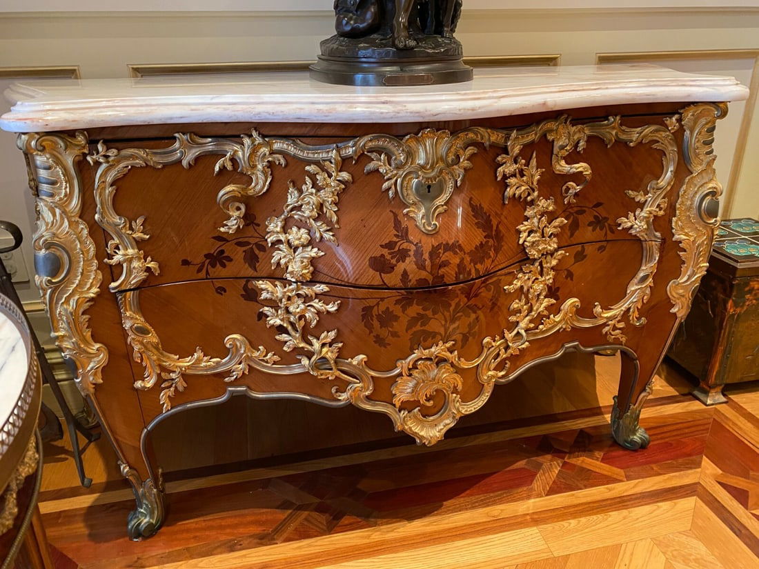 Pair of 19th Century French Marble Top Bronze Inlaid Commodes: Pair of 19th Century French Marble Top Bronze Inlaid Commodes This exquisite pair of 19th-century French commodes combines elegance with functionality, featuring a stunning marble top and intricate br