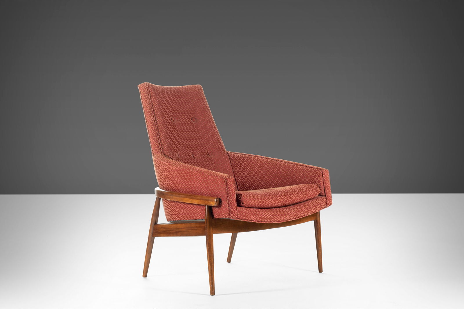 Milo Baughman Ruby Red High Back Barrel Chair Mid Century Modern USA 1960s: Milo Baughman Ruby Red High Back Barrel Chair Mid Century Modern USA 1960s This Mid Century Modern High Back Barrel Chair, designed by Milo Baughman, features a striking ruby red raspberry knit uphols