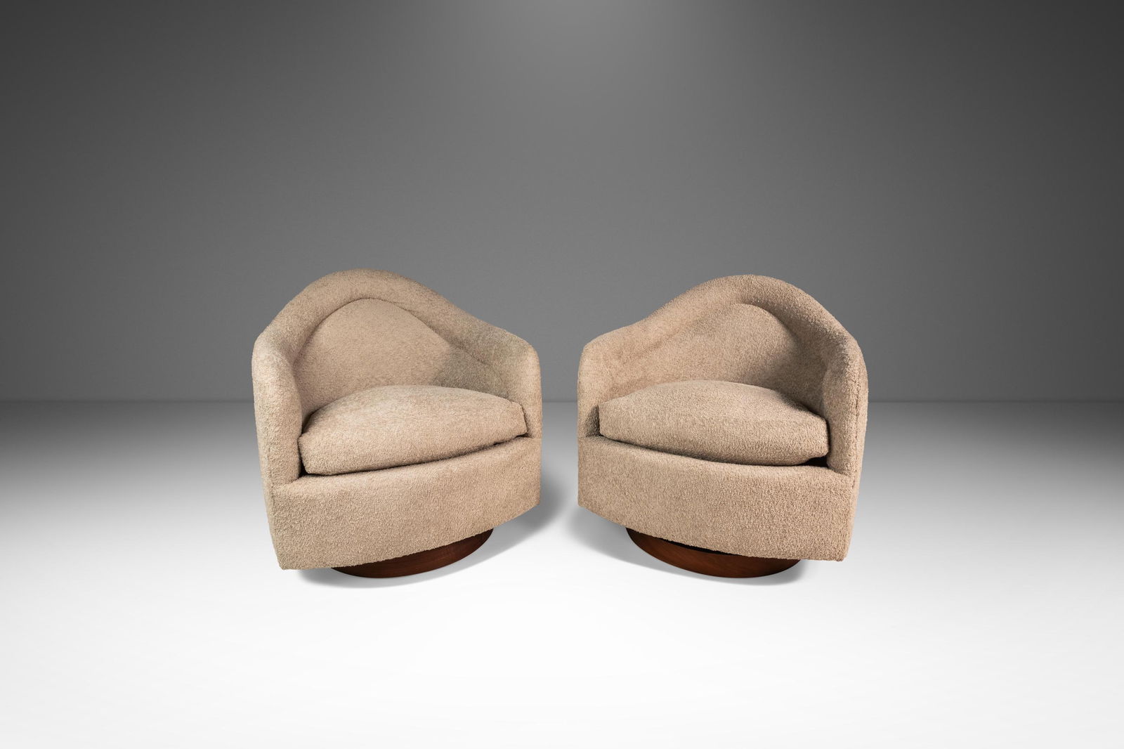 Rare Set of 2 Adrian Pearsall Swivel Tub Chairs in Sand Boucle, 1960s: Rare Set of 2 Adrian Pearsall Swivel Tub Chairs in Sand Boucle, 1960s This set of two Mid-Century Modern Swivel Tub Chairs, designed by Adrian Pearsall for Craft Associates, showcases a stunning sand