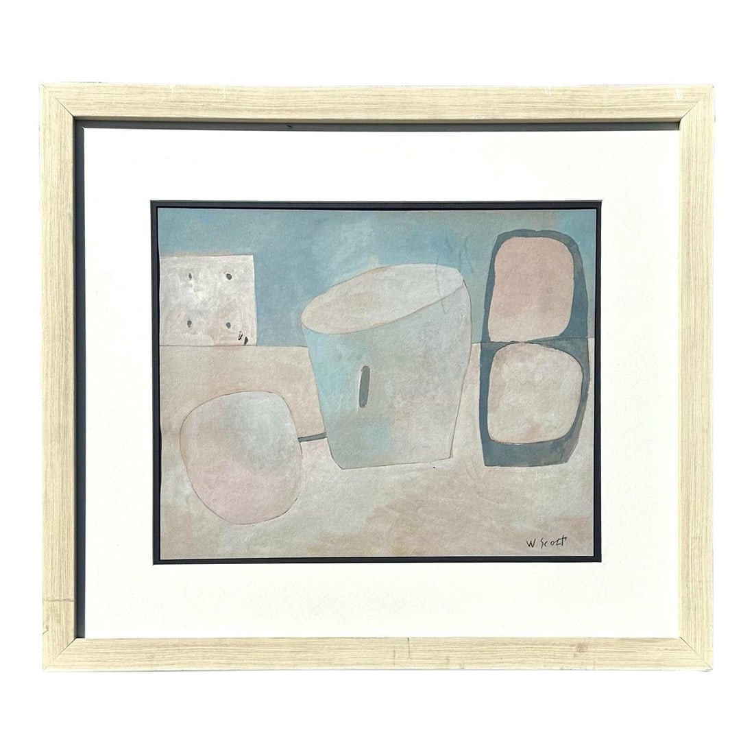 Abstract Watercolor Artwork by William Scott in Light Wood Frame: Abstract Watercolor Artwork by William Scott in Light Wood Frame This vintage abstract watercolor on paper by William Scott features minimalist forms in soft tones of blue, beige, and white. The