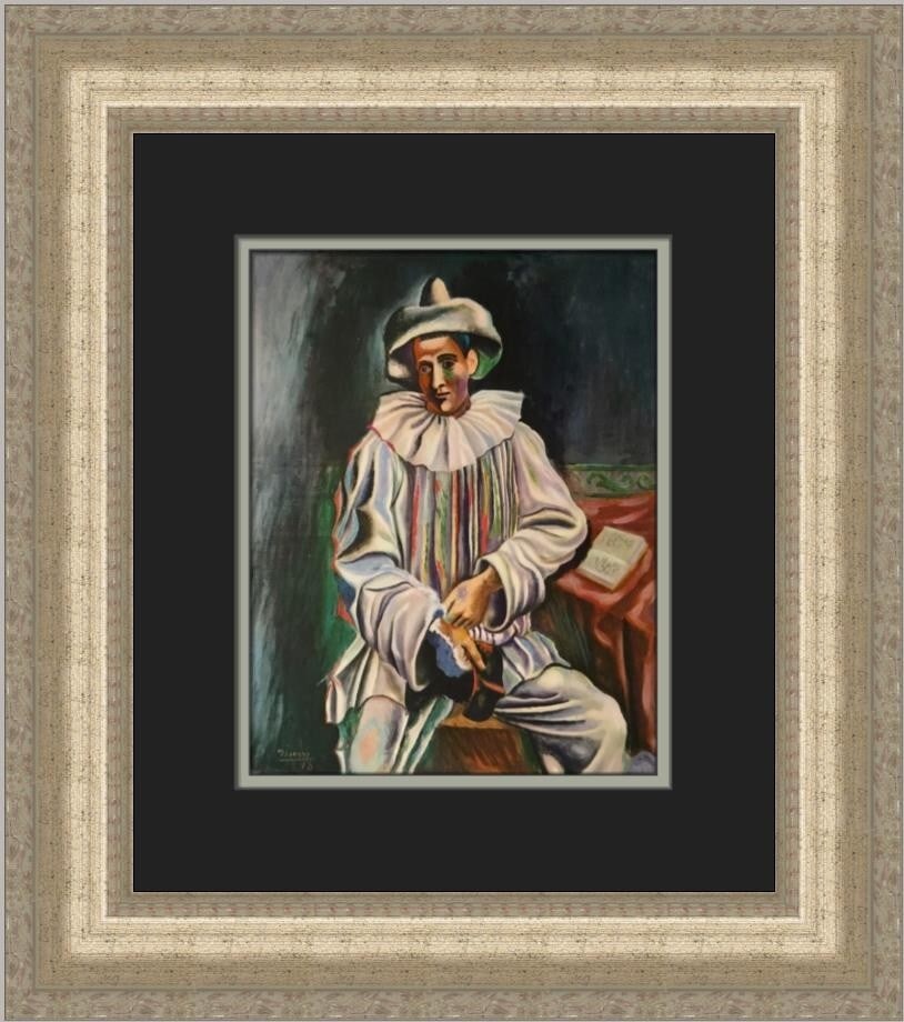 Pablo Picasso Portrait of Pierrot Sitting Custom Framed Art Print: Pablo Picasso Portrait of Pierrot Sitting Custom Framed Art Print This custom framed print features Pablo Picasso's iconic artwork, "Portrait of Pierrot Sitting," showcasing a blend of Expressionism