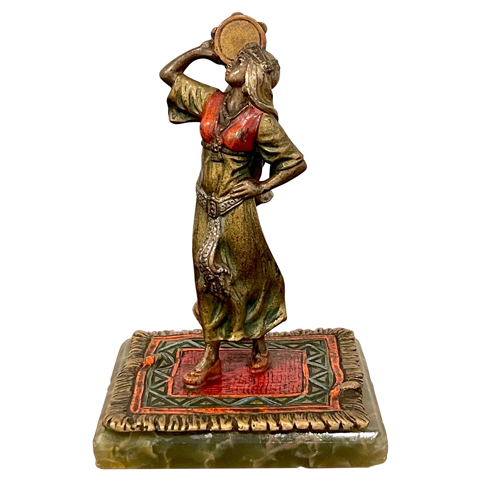 Bergman Vienna Cold Painted Bronze Sculpture 'Carmen' Gypsy Girl Tambourine: Bergman Vienna Cold Painted Bronze Sculpture 'Carmen' Gypsy Girl Tambourine This exquisite Vienna cold painted bronze sculpture, attributed to Franz Bergmann, captures the essence of the Belle Epoque