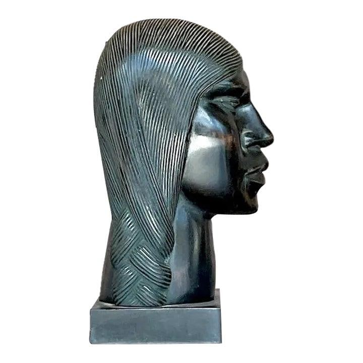 Handcrafted Ebony Wood Male Bust Bohemian Vintage Sculpture: Handcrafted Ebony Wood Male Bust Bohemian Vintage Sculpture Hand-carved from rich ebony wood, this vintage bust depicts a man with detailed hair patterns and smooth facial features. The piece features