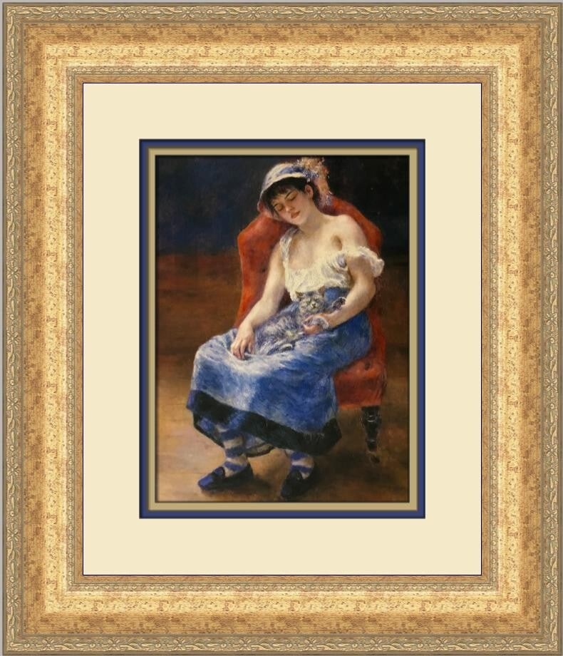 Renoir Sleeping Girl with Cat Custom Framed Print 1984: Renoir Sleeping Girl with Cat Custom Framed Print 1984 Experience a piece of art history with this custom framed print of Pierre-Auguste Renoir's "Sleeping Girl with a Cat." This medium-sized print me