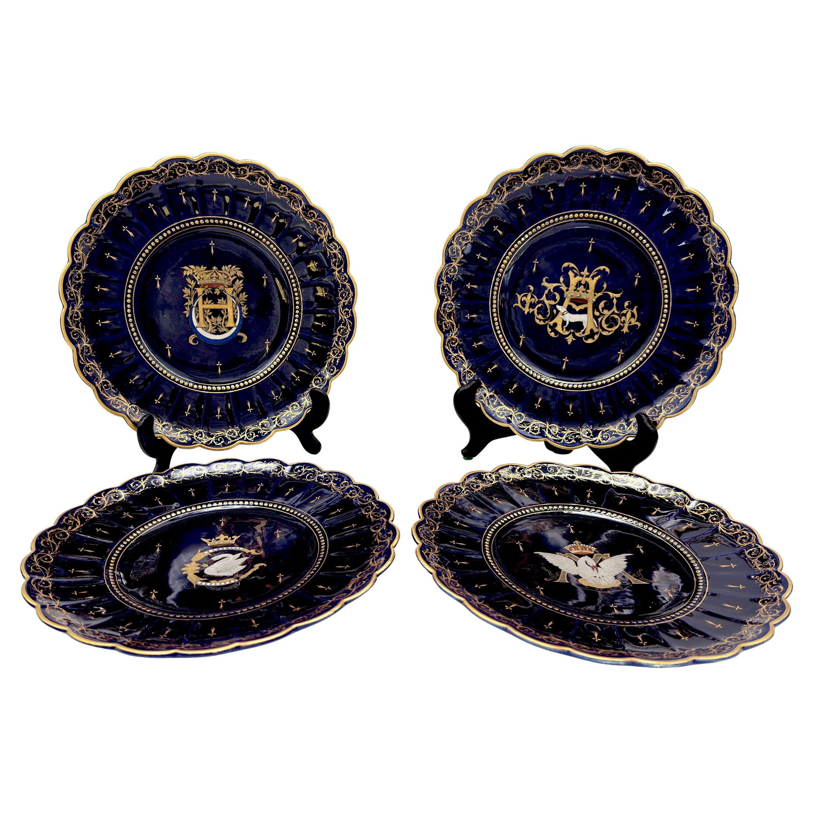 Set of 4 Limoges 19th Century Armorial Cobalt Gilt Plates (1 of 9)