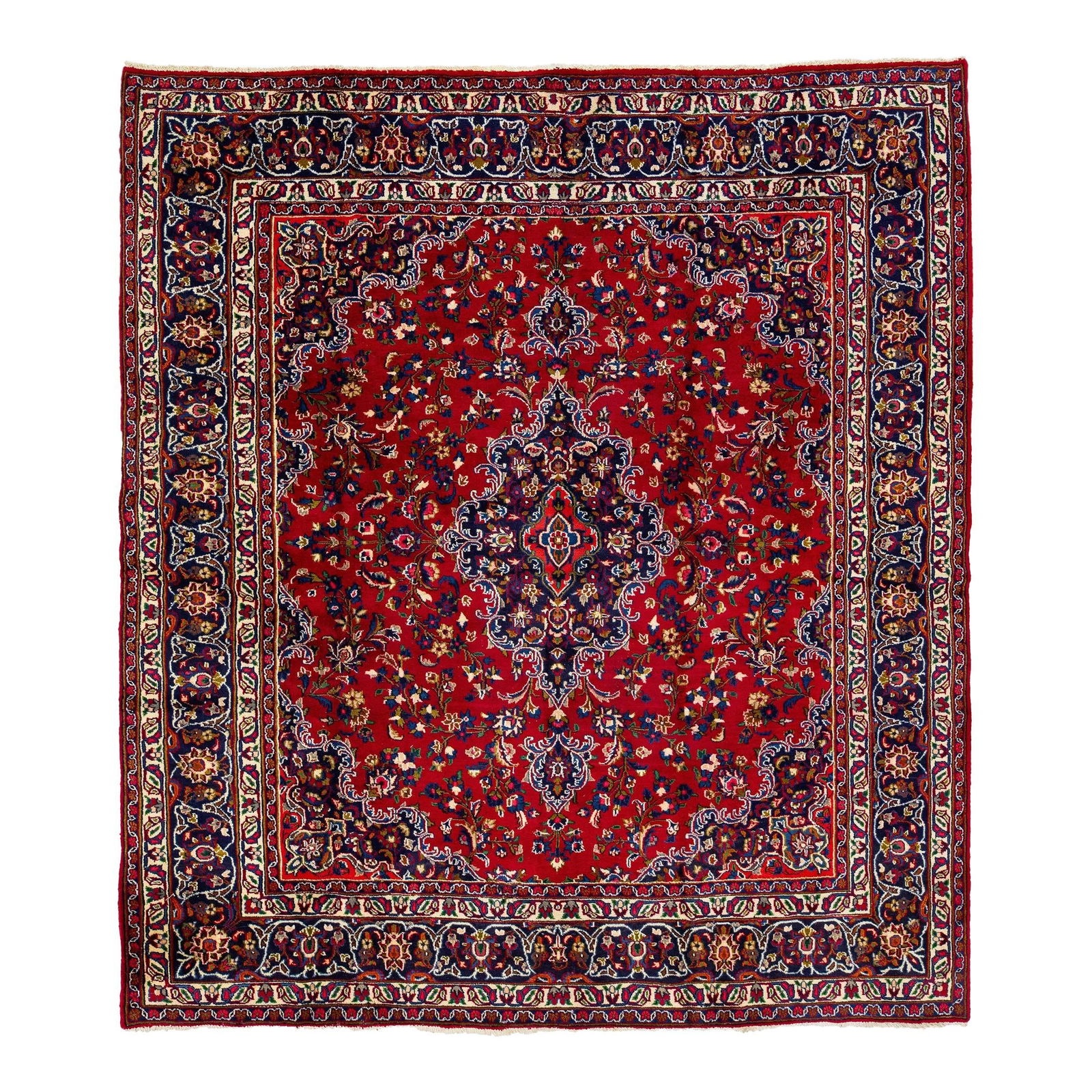 1950s Handmade Bakhtiari Wool Rug Red Multicolor Medallion 8'1 x 9'2: 1950s Handmade Bakhtiari Wool Rug Red Multicolor Medallion 8'1 x 9'2 Experience the timeless beauty of this 1950s Vintage Medallion Bakhtiari Handmade Wool Rug. Featuring a striking red field adorned