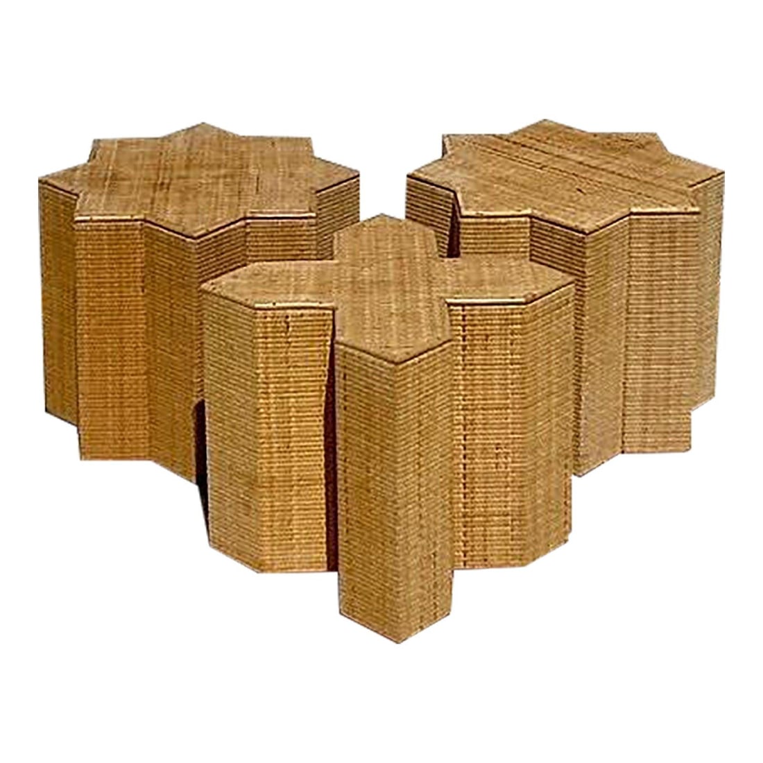 Vintage Boho Woven Rattan Starburst Table Set of 3: Vintage Boho Woven Rattan Starburst Table Set of 3 Enhance your living space with this stunning set of three vintage woven rattan side tables. Boasting a captivating geometric design, the set includes