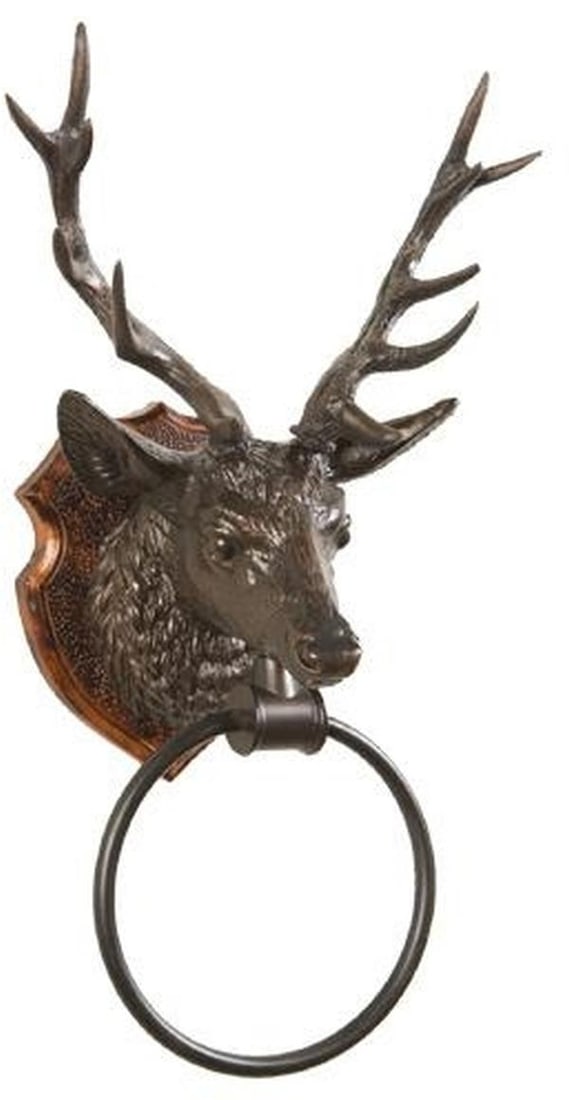 Rustic Lodge Style Handcrafted Stag Head Towel Ring: Rustic Lodge Style Handcrafted Stag Head Towel Ring Enhance your bathroom decor with this stunning Handcrafted Chocolate-Stag Towel Ring. Crafted at the time of order, this unique piece combines funct