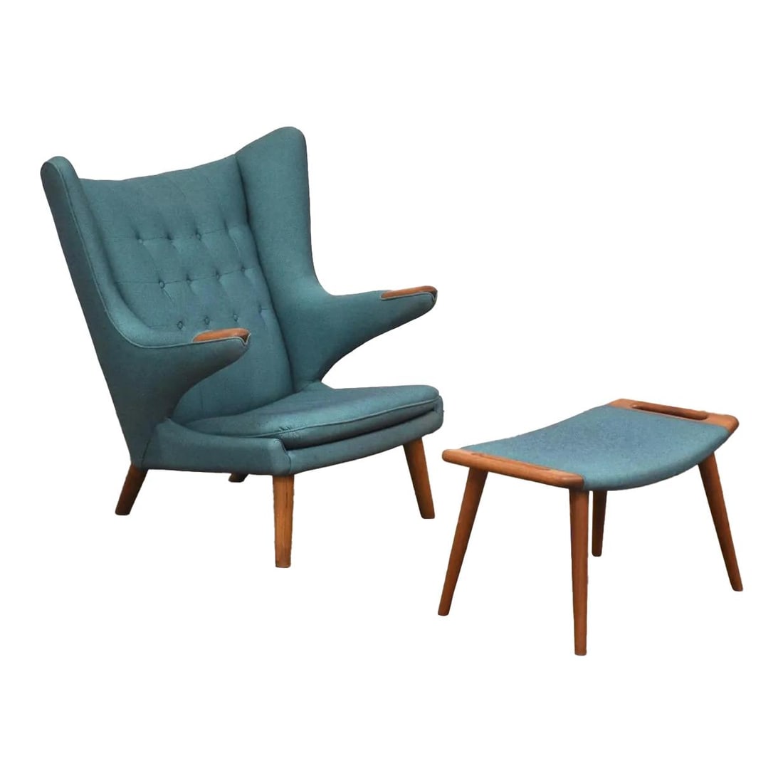 1960s Hans J. Wegner Papa Bear Chair Ottoman Turquoise Fabric Signed 25: 1960s Hans J. Wegner Papa Bear Chair Ottoman Turquoise Fabric Signed 25 Experience the elegance of mid-century design with this original Hans J. Wegner Papa Bear chair and ottoman, crafted in the 1960