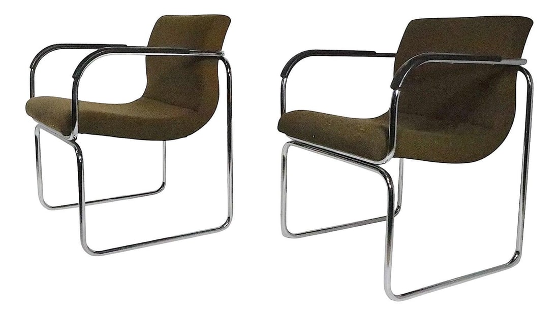 GoodForm Chrome Arm Chairs Set of 2 Circa 1988 Upholstered: GoodForm Chrome Arm Chairs Set of 2 Circa 1988 Upholstered This stylish pair of arm chairs from GoodForm, crafted circa 1988, features a sleek tubular chrome frame paired with upholstered seating for