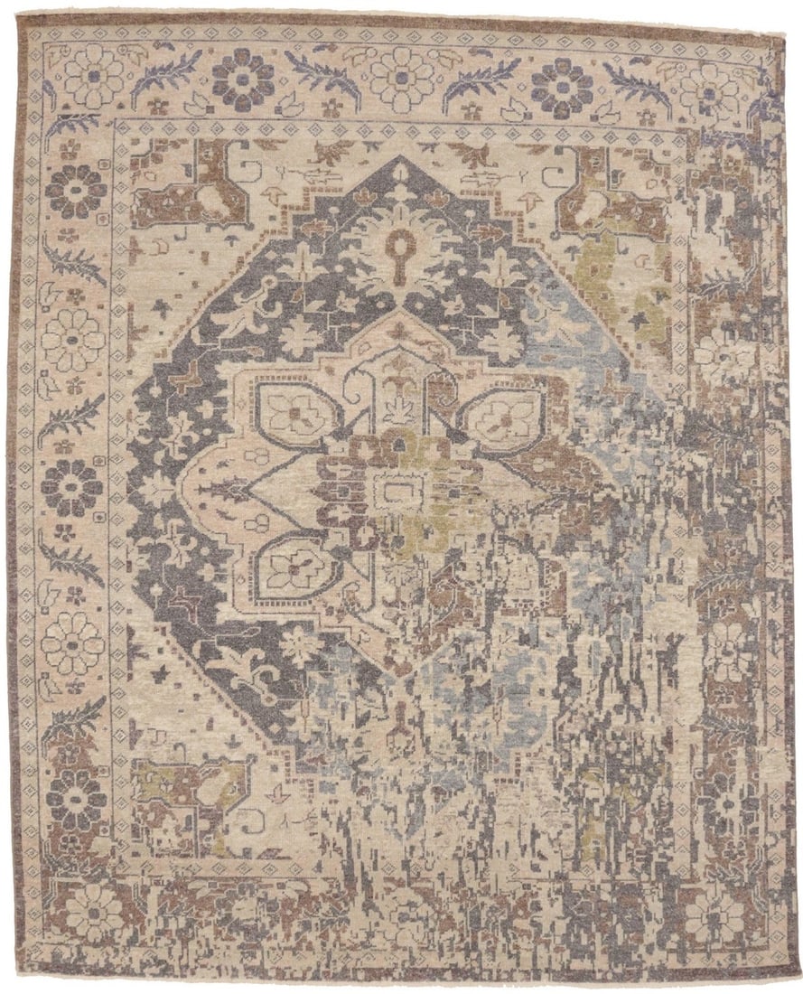 8'1" x 10' Hand-Knotted Wool Area Rug with Floral Transitional Pattern: 8'1" x 10' Hand-Knotted Wool Area Rug with Floral Transitional Pattern This handmade floral Heriz Serapi rug features a transitional design with muted cream, pastel brown, beige, and gray tones. Exper