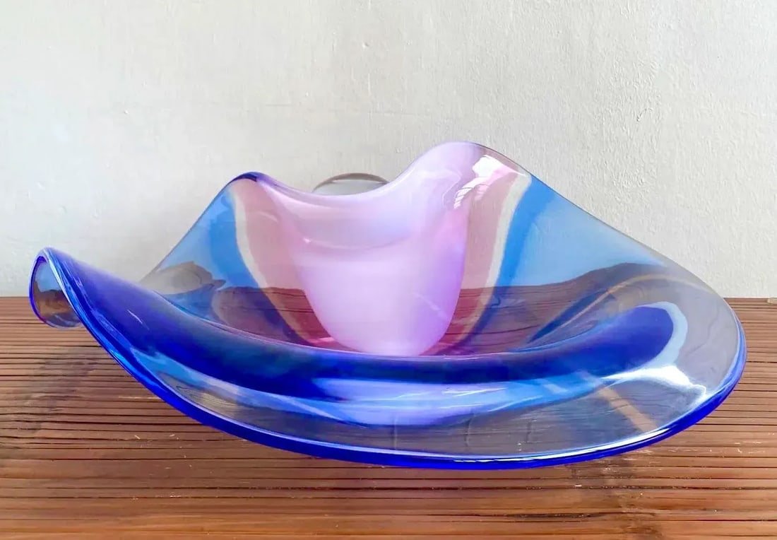 Seguso for Oggetti Handblown Murano Glass Bowl Lavender Cobalt 14x18 - 4