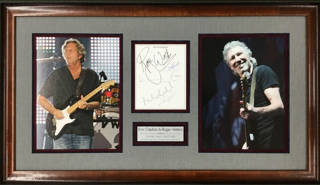 Eric Clapton Roger Waters Signed Framed Cricket Program JSA COA 19 x 33: Eric Clapton Roger Waters Signed Framed Cricket Program JSA COA 19 x 33 This unique cricket program features the autographs of music legends Eric Clapton and Roger Waters, signed on a 5x6 card. The