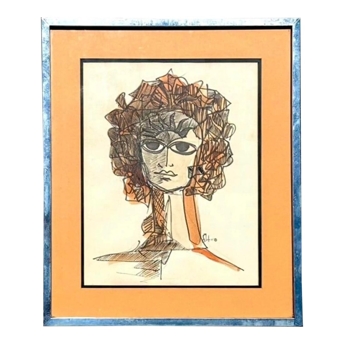 Abstract Male Portrait Drawing Signed by Toledo in Mixed Media on Paper: Abstract Male Portrait Drawing Signed by Toledo in Mixed Media on Paper This vintage abstract mixed media portrait features a bold and modern interpretation of a male figure, highlighted by dynamic