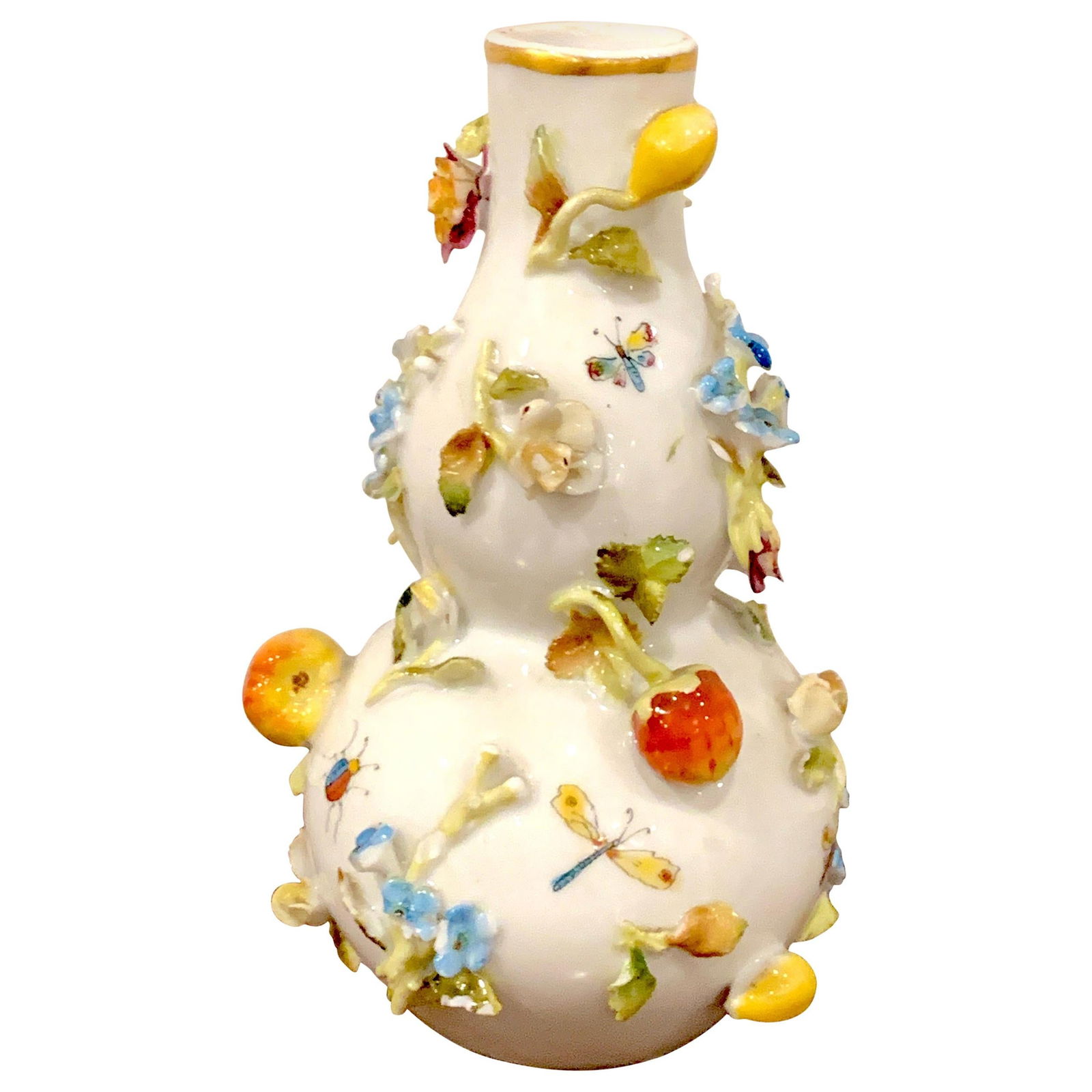 Exquisite 19th Century Meissen Porcelain Vase with Fruits and Flowers: Exquisite 19th Century Meissen Porcelain Vase with Fruits and Flowers This exquisite Meissen cabinet vase showcases a gourd bottle shape adorned with beautifully applied fruits and flowers, complement